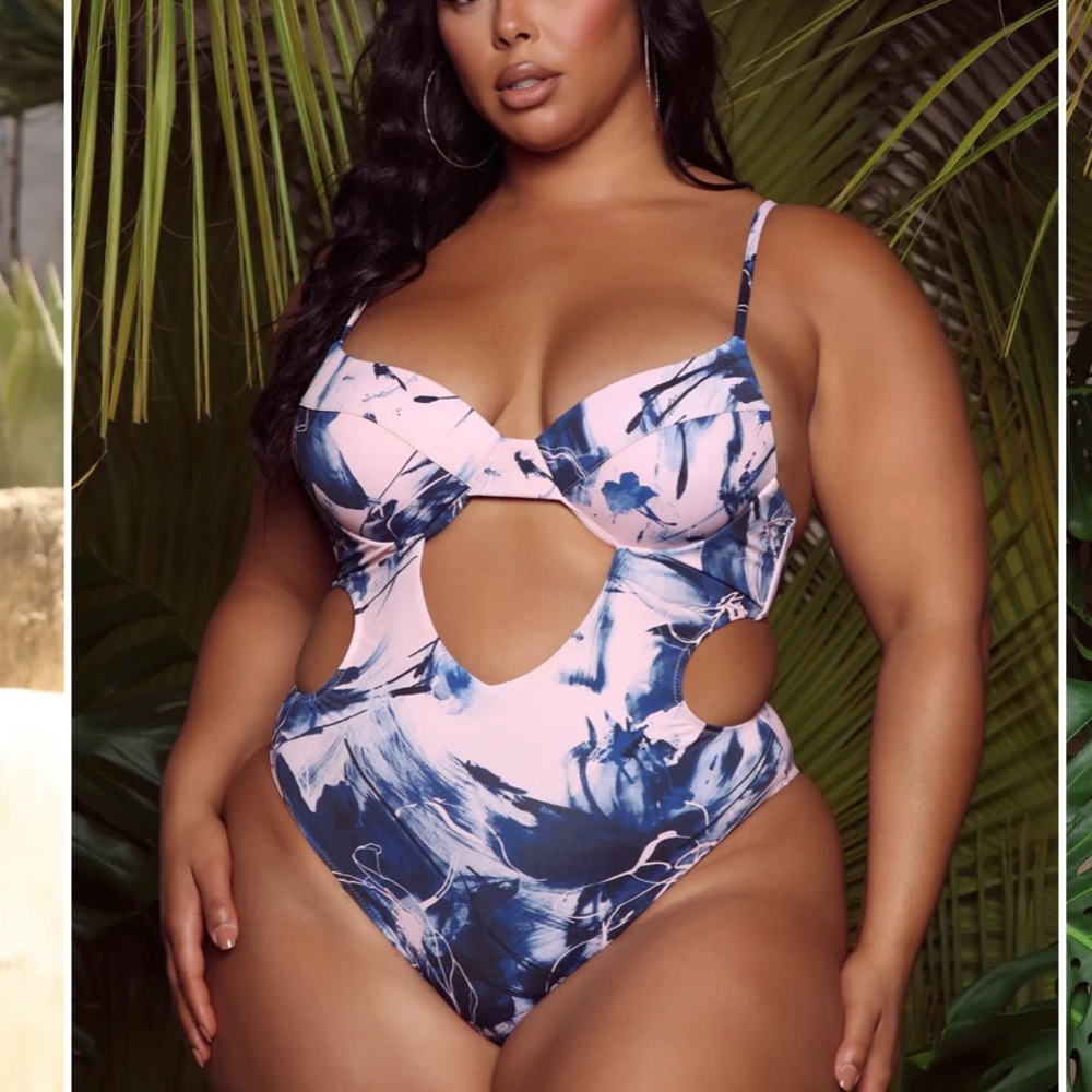 Blue and Pink Cutout One-Piece Swimsuit